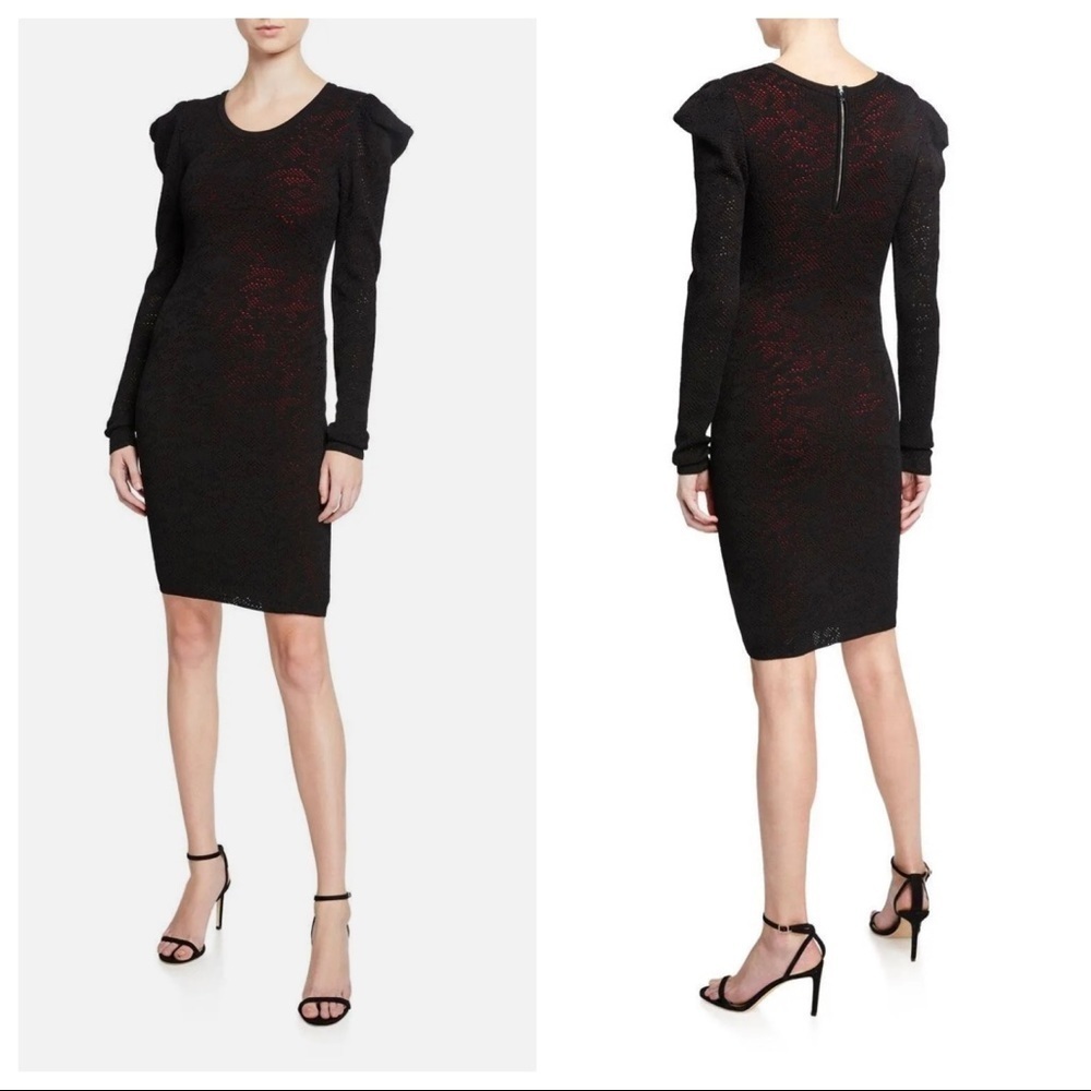Milly Pointelle Black Lace Drape Long Sleeve Cocktail Dress Womens Large